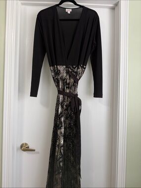 LuLaRoe Elegant Deanne Black and Gold Wrap Maxi Dress - Medium M